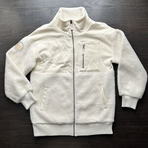 FAT FACE Womens Full Zip Cozy Sherpa Jacket Fully Lined W/ Pockets Beige Cotton